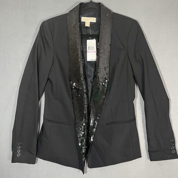 NWT Michael Kors Women’s Black Sequin Collar Jacket Blazer Size 6 Wool - Picture 1 of 12